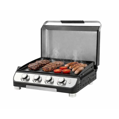 Modern 4 Burner Gas Plancha with Lid - Enameled Steel Griddle & LED Controls 10kw Power