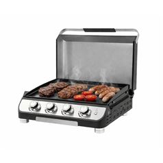 Modern 4 Burner Gas Plancha with Lid - Enameled Steel Griddle & LED Controls 10kw Power