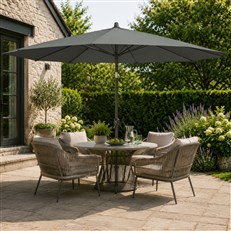 Garden parasol shading a seating area